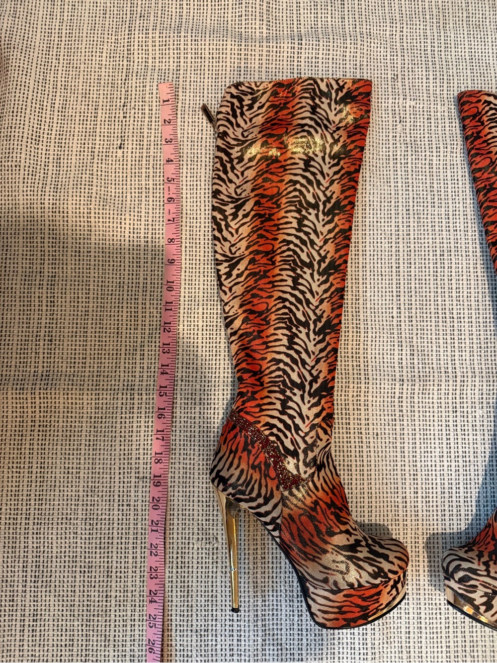 Tiger-Print Platform Knee-High Stiletto Boots - Orange/Black